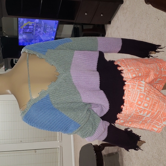 Forever 21 m fringe hem oversized open knit striped sweater vneck lilac cropped - Picture 4 of 8